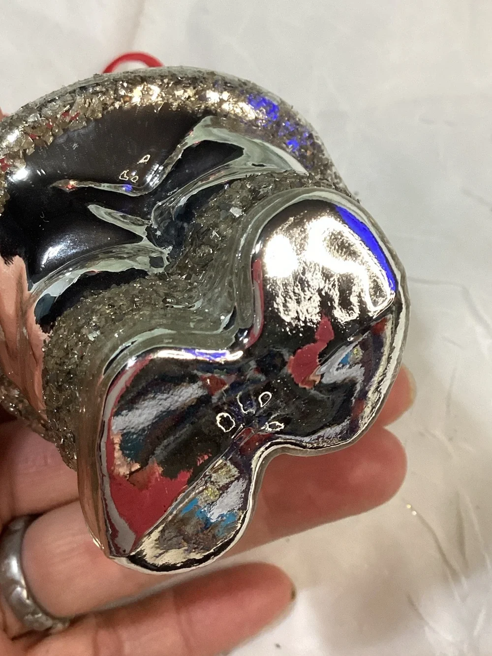 Silver Mercury Glass Glitter Santa Ornament Red Velvet Ribbon 5.5